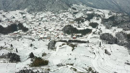 浙江金华盘前村冬季雪景风光 航拍视频素材模板下载