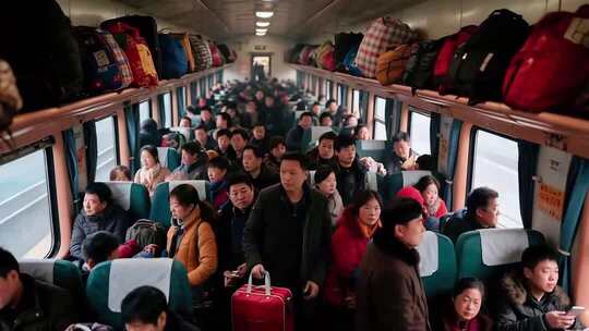 火车车厢内乘客与行李景象