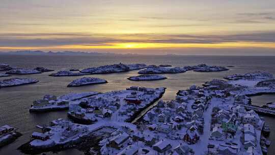 挪威罗弗敦群岛北极圈雷纳冬季雪景高空航拍