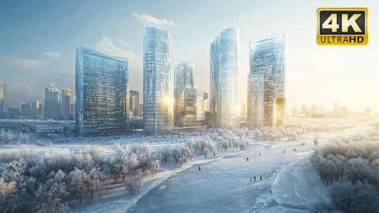 城市冰封路面桥面建筑大自然唯美风景