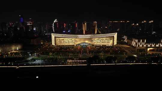 江西南昌新图书馆建筑夜景高空航拍