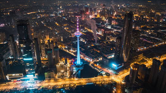 辽宁沈阳彩电塔城市夜景航拍延时摄影