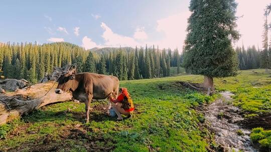 伊犁那拉提景区哈萨克族  挤奶 草原