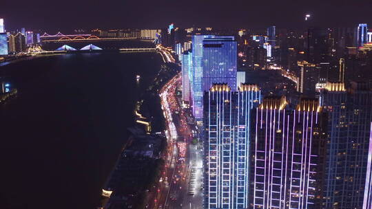 长沙城市沿江夜景航拍