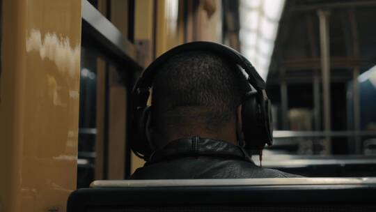 一名男子在地铁上听音乐