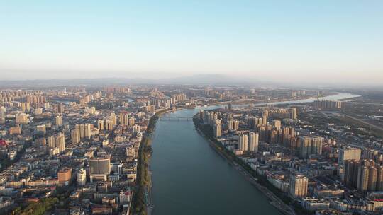 航拍衡阳湘江公铁大桥城市天际线