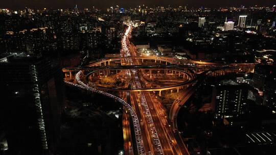 航拍上海城市交通夜景