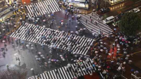 延时十字路口行人过马路下雨天城市景观