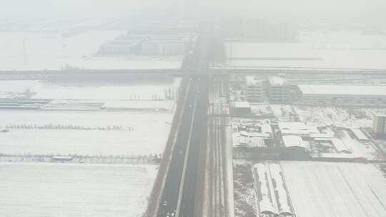 河北省石家庄市航拍城市道路雪景