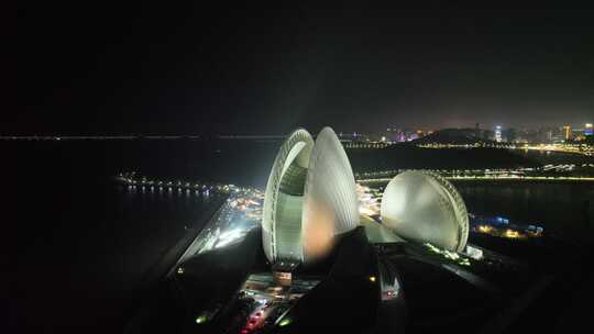 珠海日月贝夜景航拍夜晚珠海大剧院珠海地标