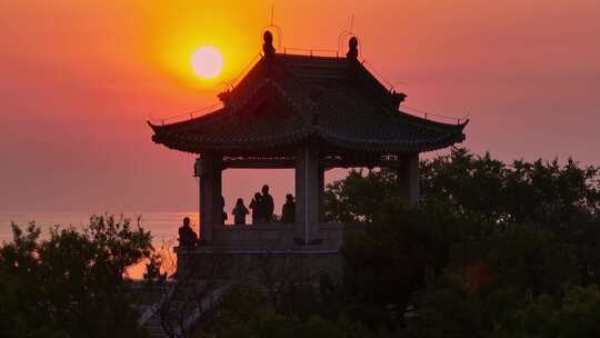 航拍北戴河鸽子窝湿地公园海上日出视频素材模板下载