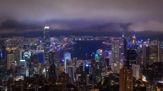 城市香港夜景城市大范围延时航拍
