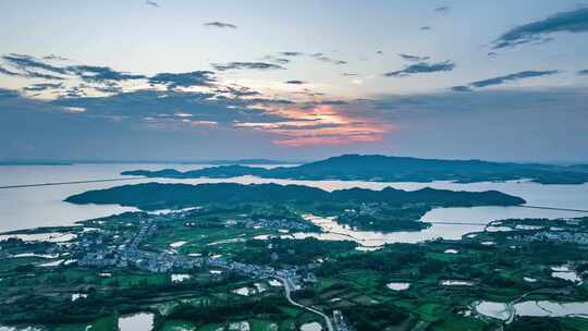 江西九江庐山脚下鄱阳湖村落高空航拍延时