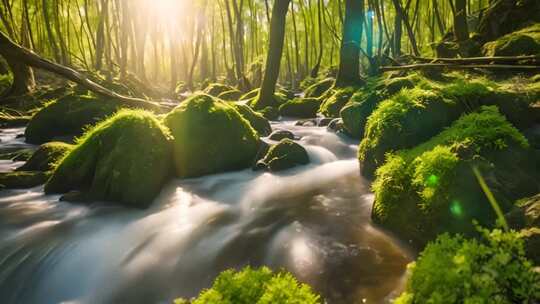 森林中溪流与阳光美景