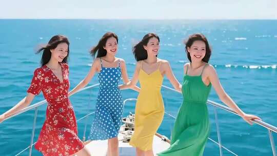 女子在游艇上于大海边游玩