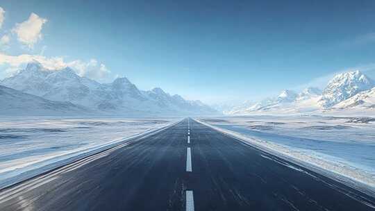 冬季行驶在雪山与公路上