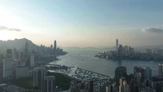 香港大景航拍维多利亚港太平山日落延时风光