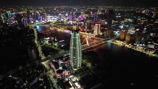 浙江宁波城市夜景灯光航拍