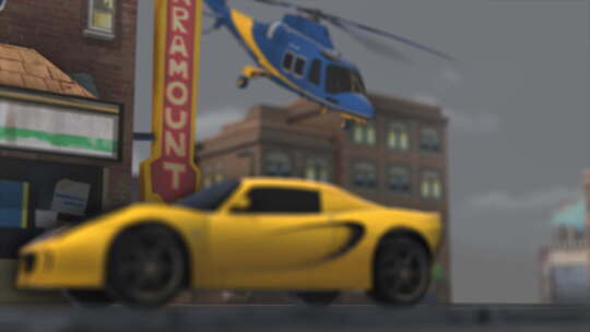 黄色跑车和直升机在城市3D动画4K