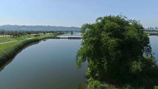 高清航拍四川眉山彭山公园长寿湖城市风光