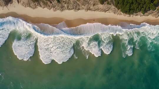 俯瞰海浪拍打沙滩画面