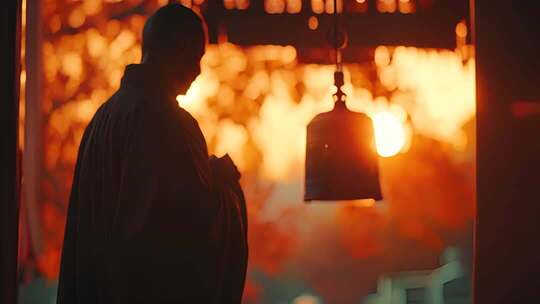 和尚于寺庙内的背影画面