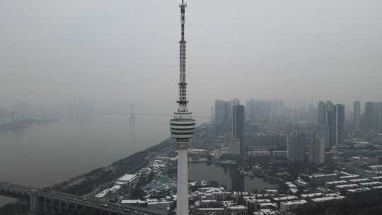 武汉汉阳区龟山电视塔雪景航拍