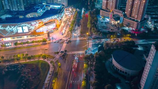 义乌城市交通夜景车流人流航拍延时