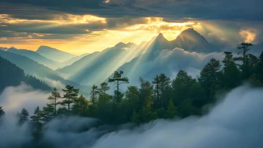 阳光穿透云层照耀山林的壮丽景观