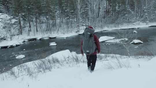 徒步旅行者，背包，雪，森林