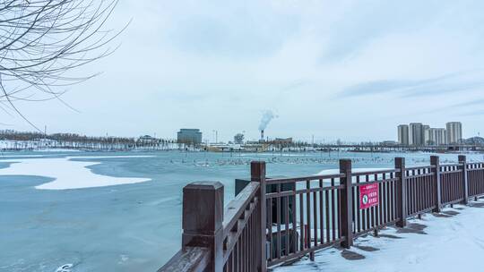 甘肃庆阳东郊湖湿地公园冬季雪景大范围延时