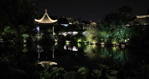 典雅苏州古典园林亭台楼阁夜景 桃花坞夜色