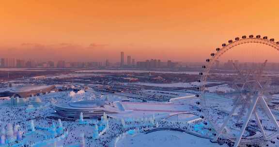 航拍哈尔滨第二十五届冰雪大世界摩天轮风光
