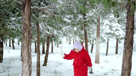 冬天在公园树林里玩雪的中国女孩形象