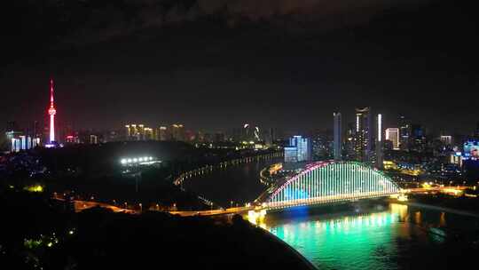 湖北武汉夜景武汉晴川桥夜景航拍