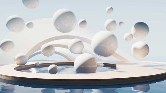 水面与飘浮的球体3D渲染视频素材模板下载