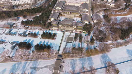 沈阳皇姑区舍利塔滩地公园冬季雪景航拍视频素材模板下载