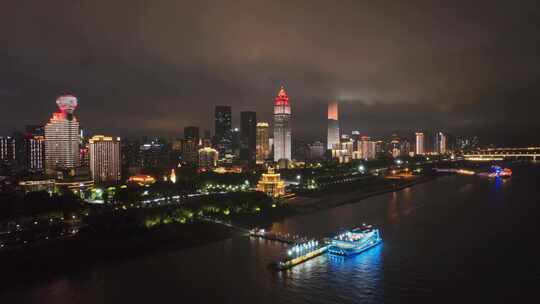 航拍湖北武汉江岸区滨江城市风光夜景