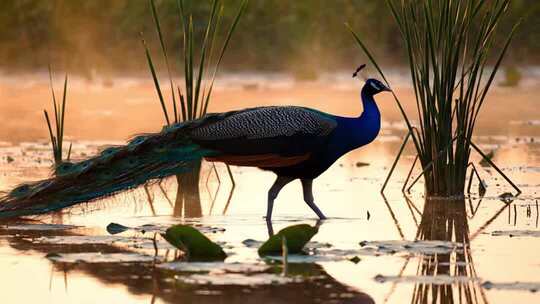 孔雀在水域中行走