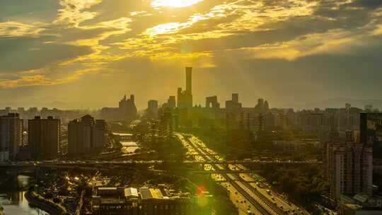 北京国贸商业区夕阳落日延时实拍