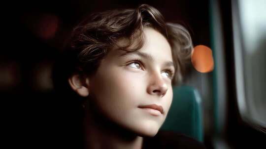 少年车窗前眺望未来充满希望