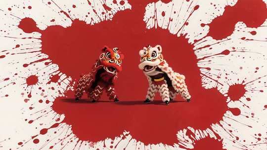 喜庆舞狮表演，红色水墨晕染背景素材