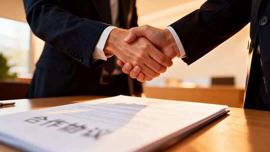 商务人士签署合作协议握手画面