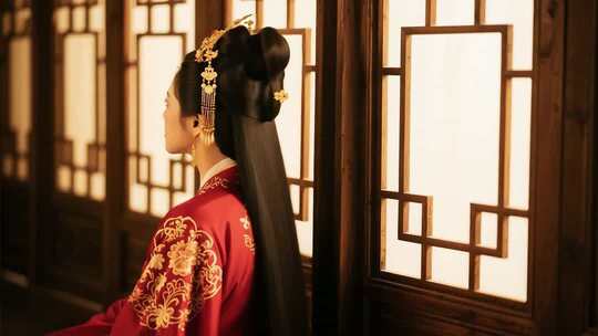 身着汉服女子窗边背影