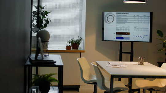 会议室内部配有白色办公桌和数字屏幕