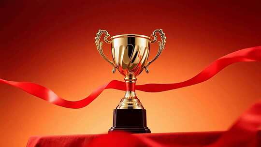 金色奖杯配红色绸带素材
