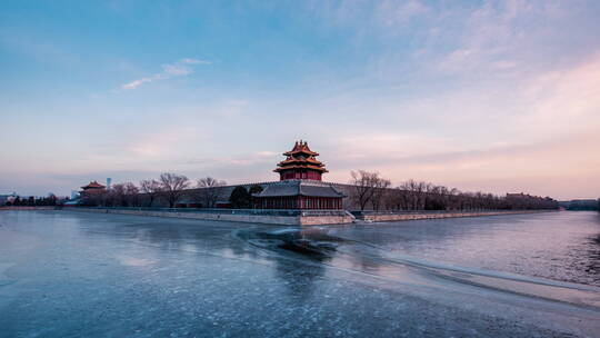 北京角楼湖面结冰延时素材4k