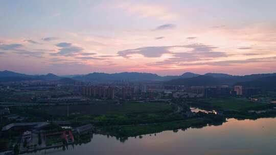 杭州日落晚霞天空风景航拍