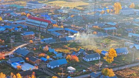 内蒙古恩和俄罗斯族民族乡秋天清晨航拍