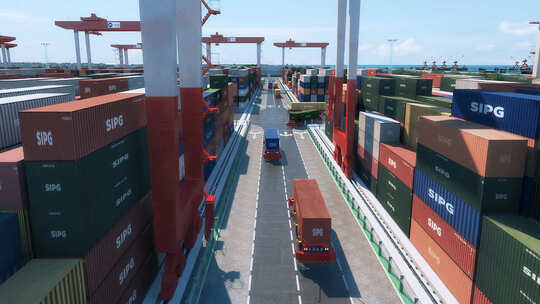 三维3D动画港口无人装船卸船集装箱繁忙码头